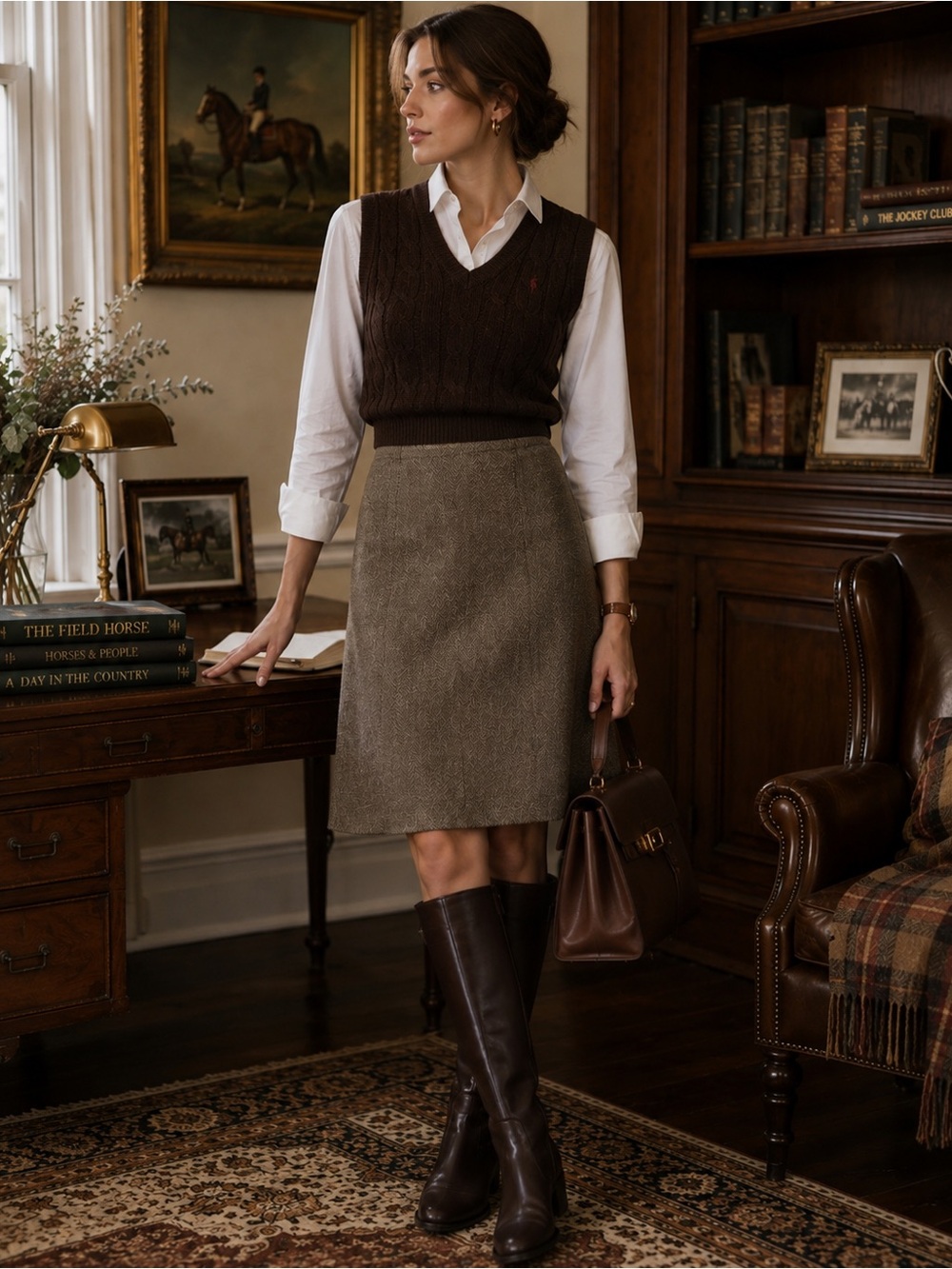 Vintage Lands’ End Wool Cashmere Herringbone Skirt 16 Old Money Equestrian